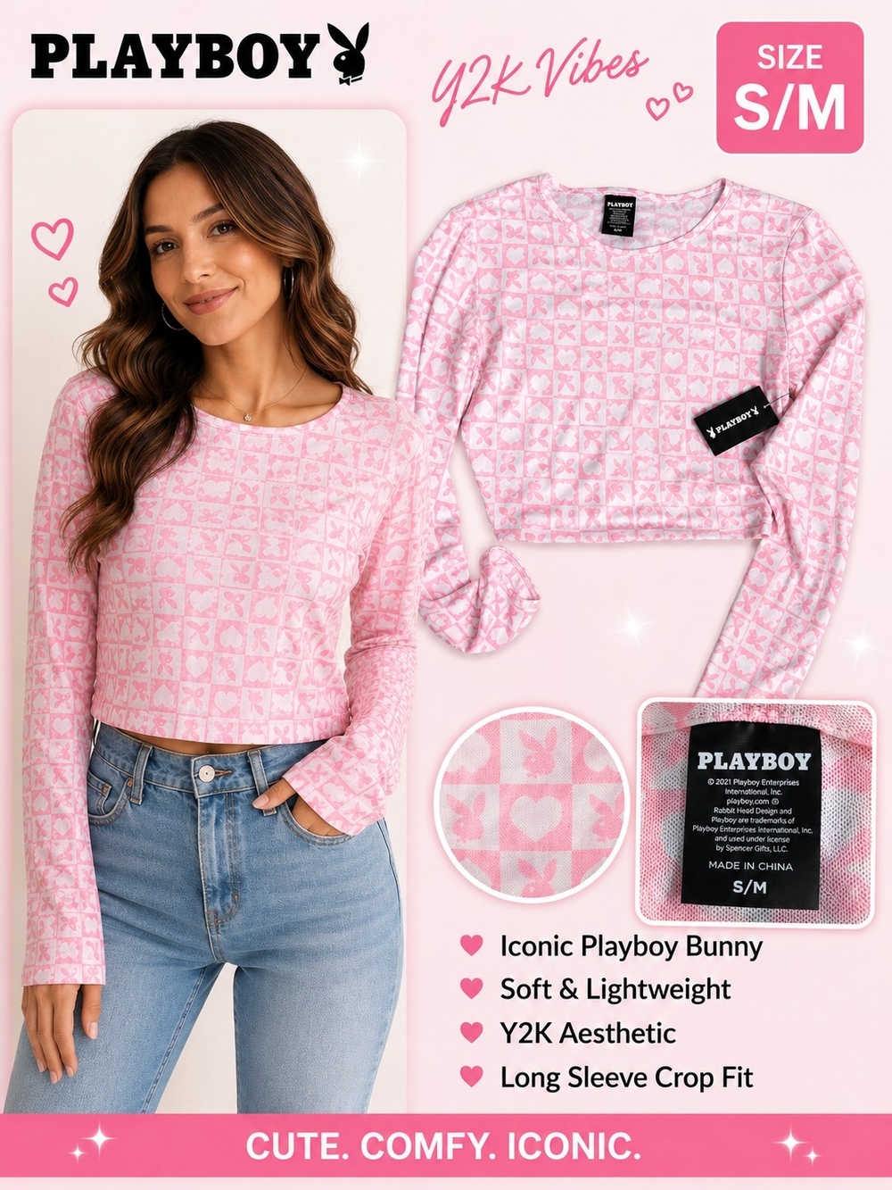 PLAYBOY Pink All-Over Bunny Heart Long Sleeve Crop Top - S/M